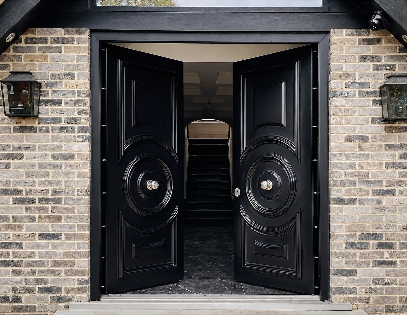 Black gloss steel security front doors set into a London stock brick porch